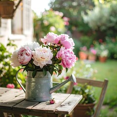 Peonies in a watering can sitting on a wooden table in a sunny garden; building and flowering trees in background