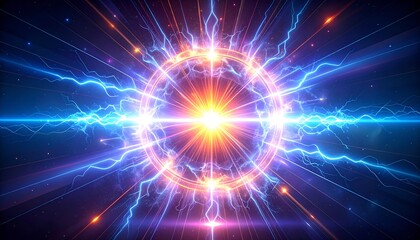 Obraz premium A central burst of energy, ringed by light, electric blue rays radiating outwards
