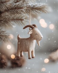 Scandinavian wooden goat ornament hangs from a pine branch with soft snowfall and warm festive bokeh lights