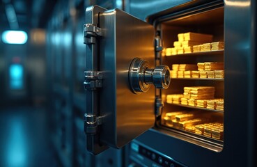 Fototapeta premium Open bank vault filled with gold bars and cash. Modern security system safeguards valuable assets. Financial protection and wealth accumulation.