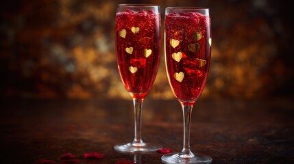 Two elegant champagne flutes filled with red sparkling drink and golden heart confetti create a romantic celebration mood
