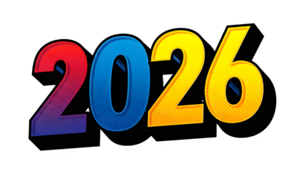 Vibrant 2026 year number design showcasing dynamic gradient colors, ideal for future-themed projects and exciting event promotions on a transparent background, PNG