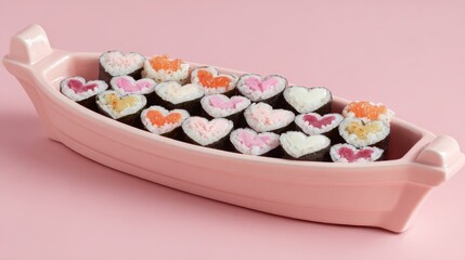 A pink ceramic sushi boat holds heart shaped sushi rolls arranged in a playful romantic food composition
