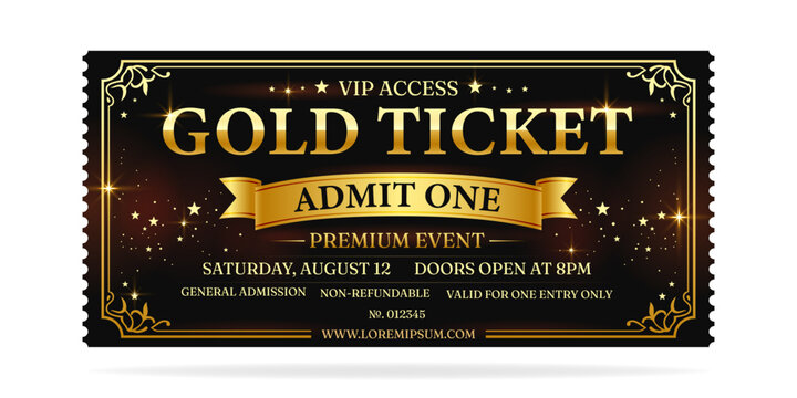 Design luxury gold ticket vector template for invitation, event, concert, music festival, movie festival, show, performance, etc.