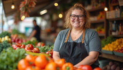 Smiling plump woman with glasses wears apron at market stall selling fresh produce. Works with organic vegetables, fruits offering healthy food options. Small business owner prepares for customers