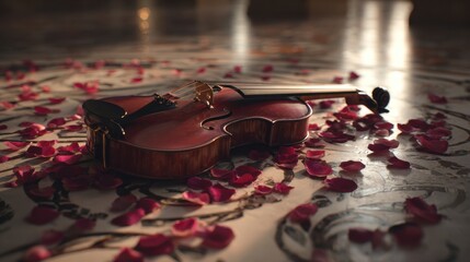 A polished violin rests on an ornate floor scattered with deep red rose petals in warm dramatic light