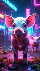 Piglet standing in neon city setting with another piglet blurry in the background