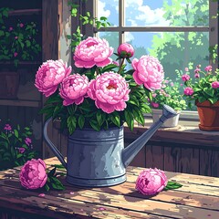 Pink peonies in watering can on rustic wooden table, sunlight streaming through window