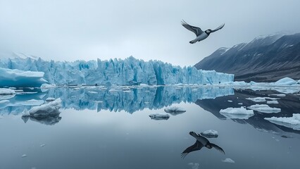 A serene landscape of a glacier floating in a calm body of water with birds flying overhead