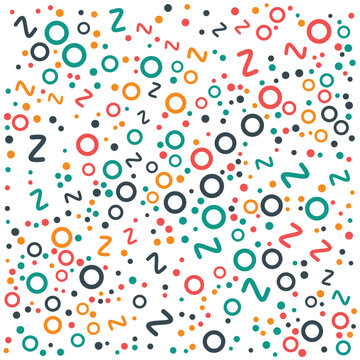 Abstract pattern of colorful letters z and o with dots