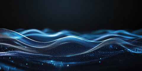 futuristic blue particle waves undulating in dark digital void evoking tech innovation for sleek wallpaper and banner designs