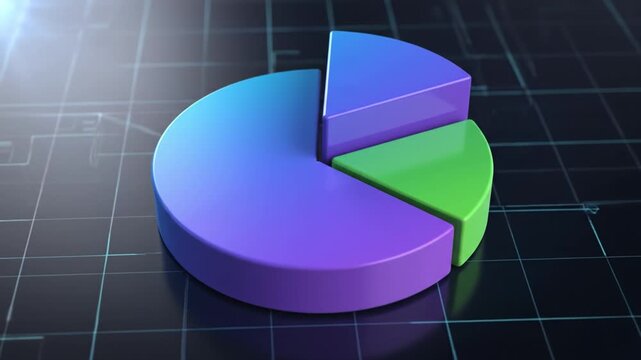 Purple pie chart blue green slice data visualization 3d infographic colorful 3D pie chart four separated segments dark grid background modern glossy render blue purple green tones 3D pie chart