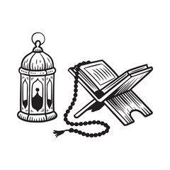 Fototapeta premium Islamic symbols of faith a lantern quran and prayer beads illustration