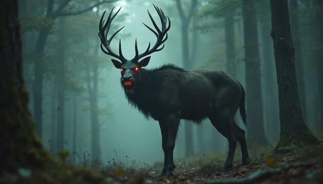 Dark forest creature with red eyes, sharp teeth stands in misty woods. Mythical deer-like beast with large antlers appears menacing. Eerie atmosphere, primal nature, ancient legend, wild wilderness.