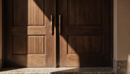 Sunlit Wooden Double Doors - A Study in Light and Shadow.