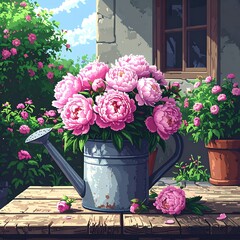 Pink peonies overflow from a watering can on a wooden table, with roses, a house and sunlight in background