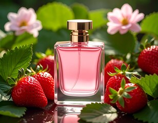 Pink perfume bottle surrounded by ripe strawberries and soft pink flowers on dark glossy base, leaves blurring background