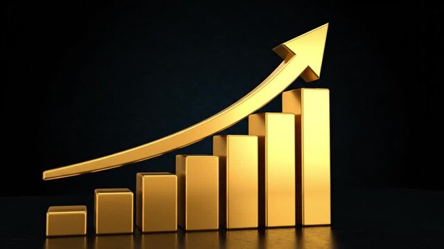 A striking 3D rendering displays a golden bar chart with a curving upward arrow symbolizing growth, success, and positive financial trends against a dark background.