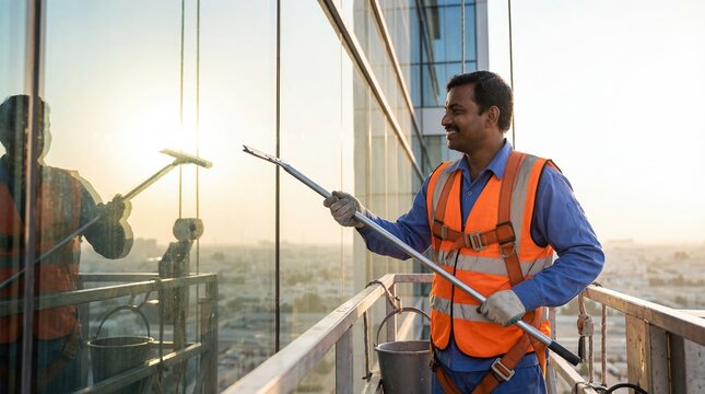Indian man window cleaner in safety harness and vest holding squeegee on suspended platform against sunset city background. Industrial maintenance and professional cleaning service, copy space - Powered by Adobe