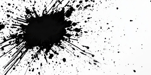explosive black ink splatter erupting dynamically on crisp white backdrop with radiating spikes and scattered droplets capturing chaotic intensity perfect for grunge wallpaper or editorial overlay