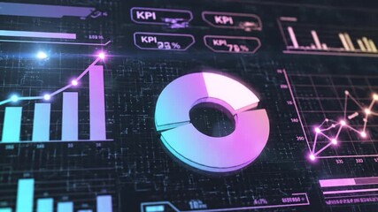 Futuristic data dashboard with neon donut chart, rising bar graph, KPI indicators and glowing line charts purple and cyan tones conveying analytics and business growth. Neon dashboard displaying data - Powered by Adobe