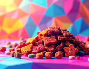 Pile of brown & orange star, flower, bone shaped treats against a colorful, geometric background on a bright surface
