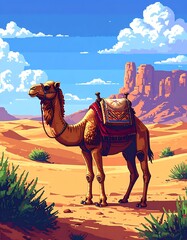 Pixelated camel in desert scene; sandy dunes, sparse vegetation, sandstone formations, and a blue sky