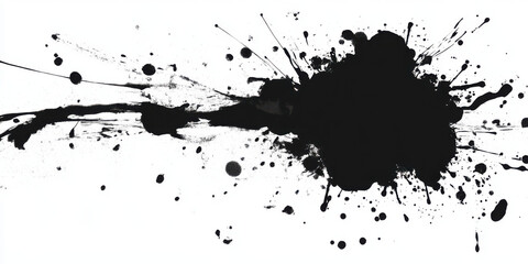 Obraz premium explosive black ink splatter erupting dynamically on crisp white backdrop with radiating spikes and scattered droplets capturing chaotic intensity perfect for grunge wallpaper or editorial overlay