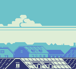 Pixel city rooftops scene with houses silhouettes, cloudy sky and calm urban atmosphere. Retro 8bit style background for side scrolling game, indie project.