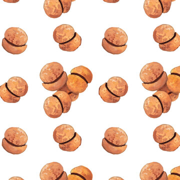 Watercolor Italian sandwich cookie seamless pattern with Baci di Dama, cream and chocolate filled biscuits, hand painted traditional Italian dessert repeating background for packaging and fabric