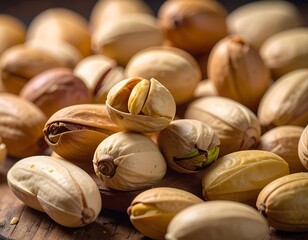 Pistachios fill the view. Some are cracked, revealing green nuts on rustic wooden surface, softly lit and closely arranged