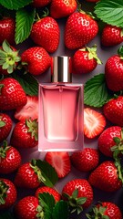 Pink perfume bottle surrounded by vibrant red strawberries and green leaves on a smooth, gray backdrop