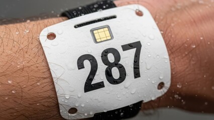 Close up race timing chip on athlete's wet wrist for endurance event. Waterproof race timing chip with digital number 287 and embedded smart sensor for accurate tracking.