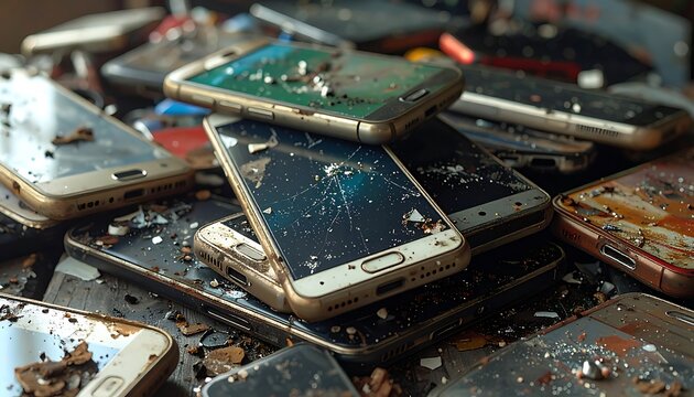 Pile of discarded and damaged cell phones, many with cracked screens and visible wear. Electronic waste concept