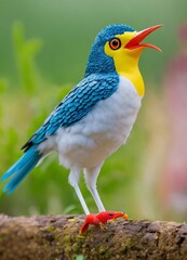 Obraz premium Colorful Tropical Songbird with Open Red Beak Perched on a Branch
