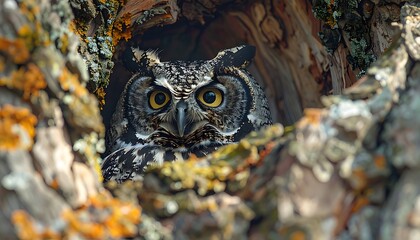 Owl nestled in a tree hole with vibrant orange moss, captured up-close with stunning detail