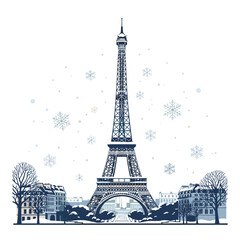 Fototapeta premium The Eiffel Tower stands tall amidst falling snowflakes, showcasing its architectural grandeur. 