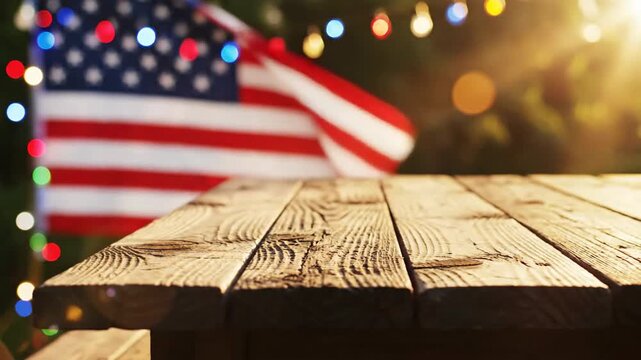 American flag waving behind rustic wooden picnic table outdoors