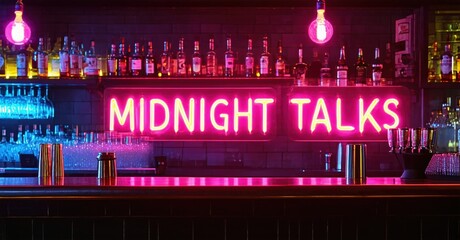 Fototapeta premium Bar interior features bright neon sign reading Midnight Talks. Bottles line shelves above counter, illuminated bulbs add ambiance. Dark background enhances vibrant colors.