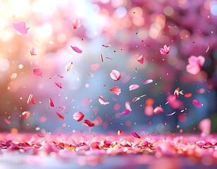 Pink petals rain on a surface in a dreamy, sunny setting with blurred background light, suggestive of spring