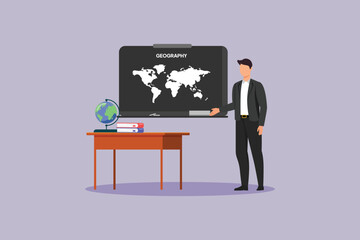 School subject geography with teacher standing at the blackboard. School&nbsp;Subject Concept. Colored flat vector illustration isolated