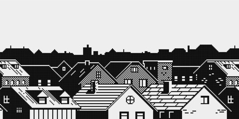 Black and white pixel art cityscape with rooftops and urban skyline. Retro 8bit background for games, interfaces, indie projects, level design, nostalgic digital environments.