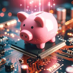 Pink piggy bank on a circuit board with glowing streams rises