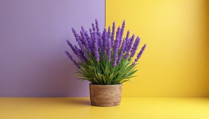 A potted lavender plant with vibrant purple blooms and green leaves sits against a dual purple and yellow backdrop. The simple yet striking composition offers ample copy space for text and design.