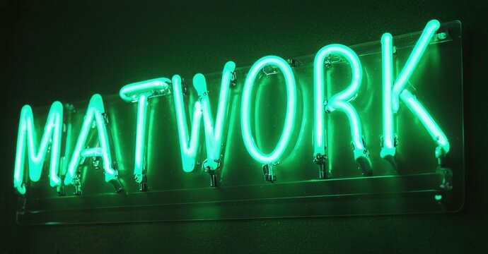 Bright green neon sign spells MATWORK. Dark background emphasizes glowing text. Simple, modern aesthetic. Clean lines, bold lettering.