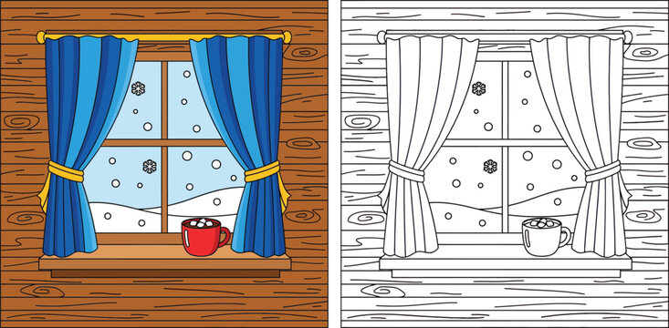Cozy winter window scene with hot cocoa coloring page vector illustration featuring wooden wall, blue curtains and snowy landscape view.