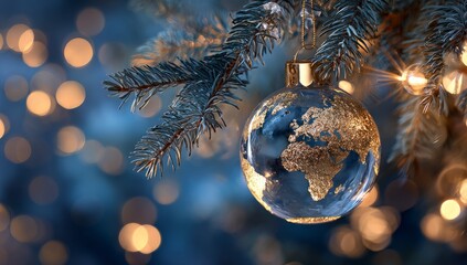 Decorative Christmas Tree Ornament with Earth Globe Design Hanging on Frosted Pine Branch