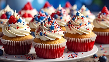 Patriotic cupcakes with vanilla frosting, red/blue sprinkles, served on a white platter with blurry festive backdrop