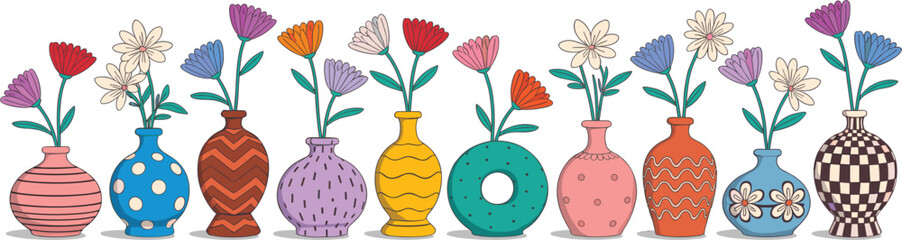 Assortment of colorful ceramic vases with stylized flowers pottery plant