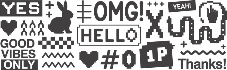 Black and White Pixel Art and Retro Graphics Collection vector illustration